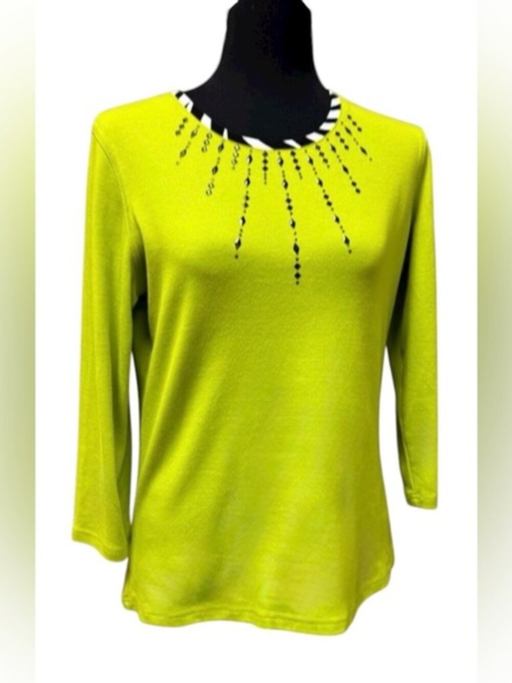 Vincente Lime Green Embellished Top S Black White Trim 3/4 Sleeve - Picture 2 of 11